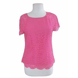 J Crew Womens Top 2 Pink Lace Short Sleeve Lined Crew Neck Barbiecore
